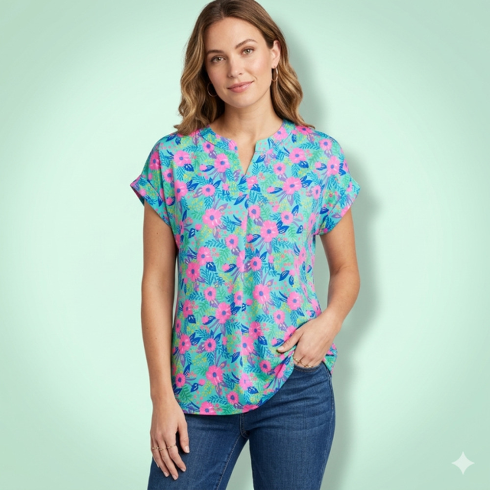 Dear Scarlett - Green Floral Lizzy Short Sleeve Tab Blouse - Large - Picture 3 of 6